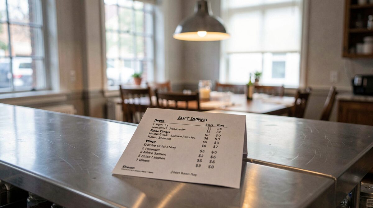 A single printed drinks list lying on a stainless steel kitchen pass, its headings for soft drinks, beers and wine visible, lit by a low pendant lamp with a blurred dining room behind.