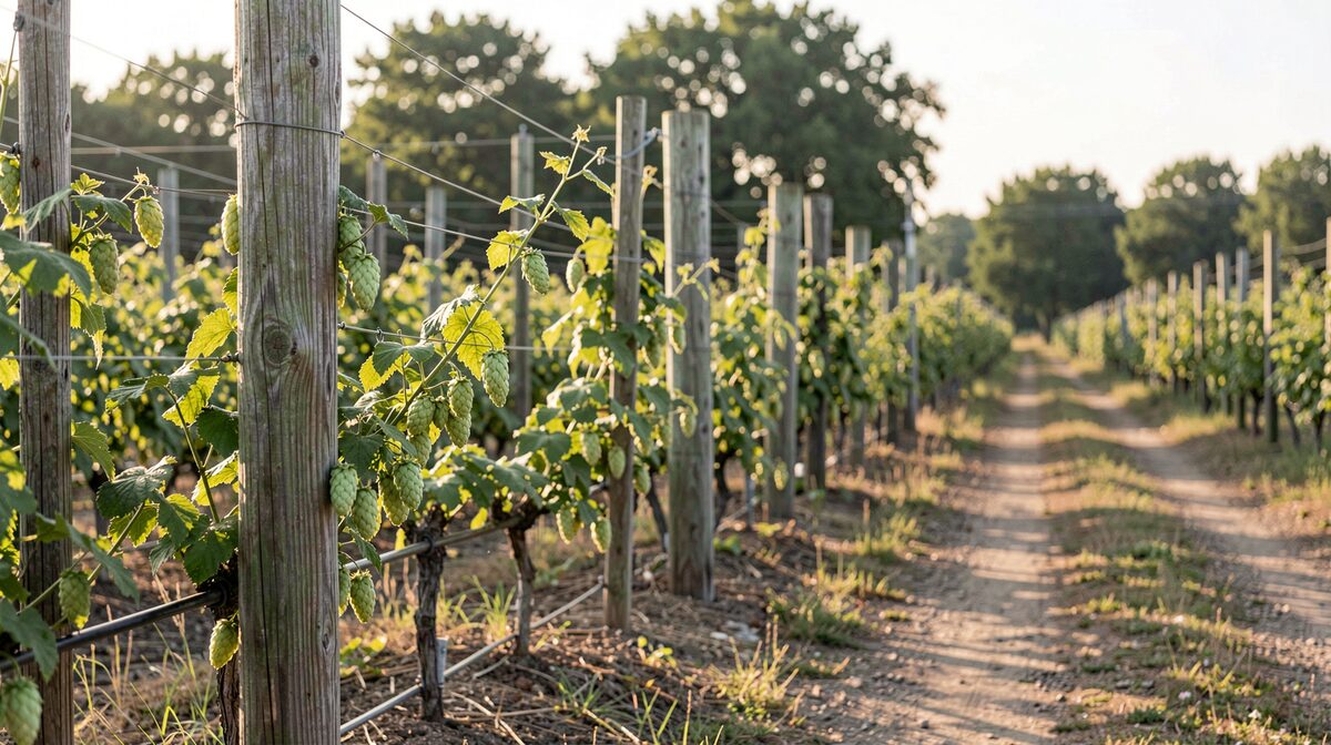 A hop yard at mid-morning in late summer, tall bines climbing taut strings between weathered wooden poles, cones hanging in pale green clusters, low sun raking across the rows and a dirt track leading out of frame.