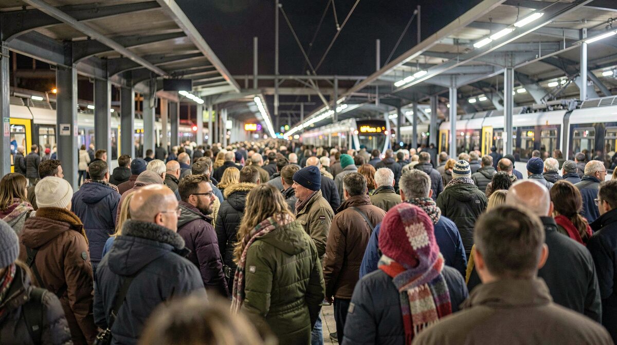 A tram platform at night outside a stadium, packed with people in scarves and jackets under platform lights, seen from a slight distance so the crowd reads as a single mass.